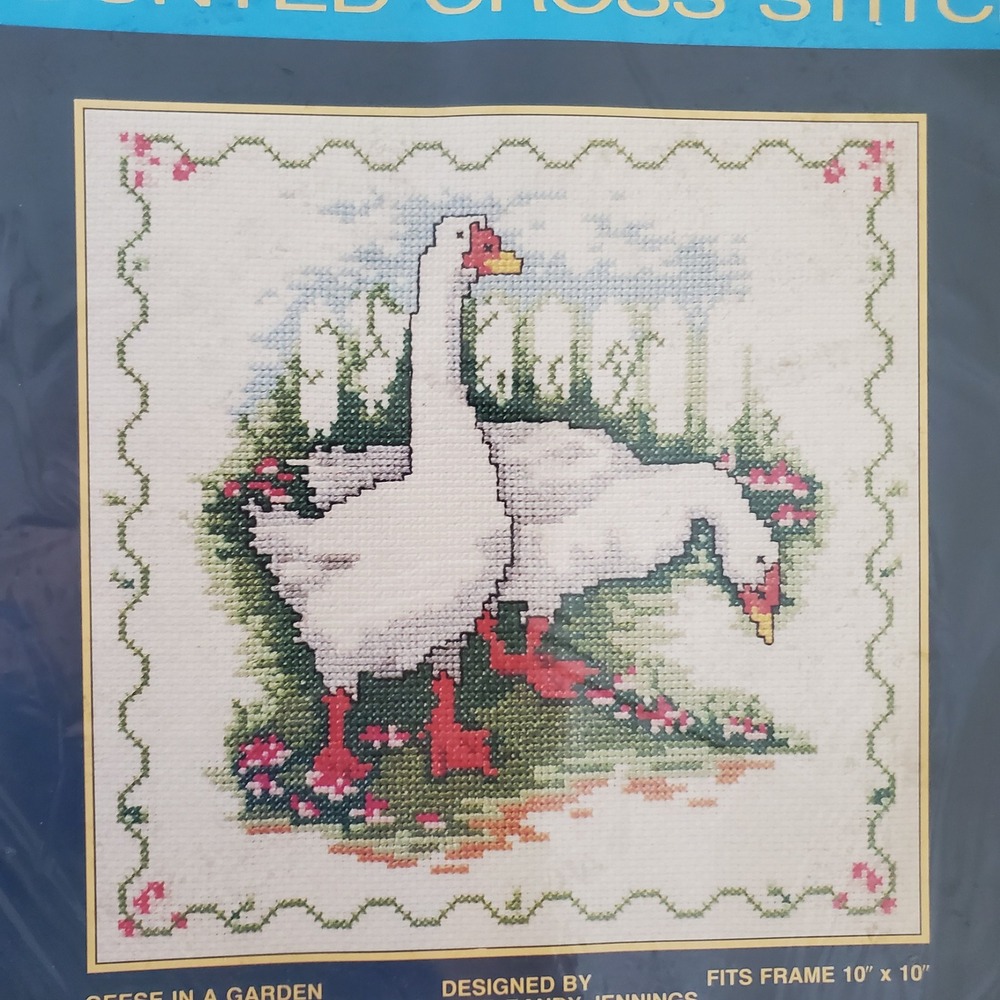 Sunset Counted Cross Stitch Kit Geese In A Garden 3006 Vintage 1987 10x10 USA